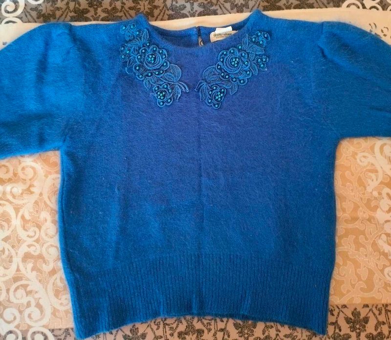 Blue Neck Embroidered Crop Sweater For Women