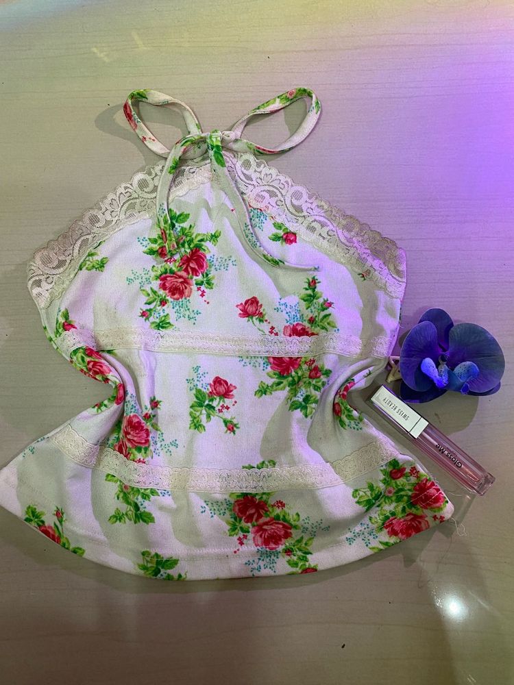 Floral Halter Neck Top with Lace Trim