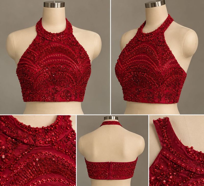 Sparkling Red Beaded Halter Neck Blouse