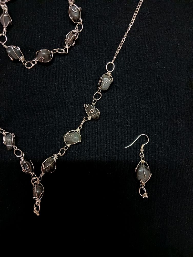 Necklace Set - Grey And Silver. Chain, Earring, Bracelet.
