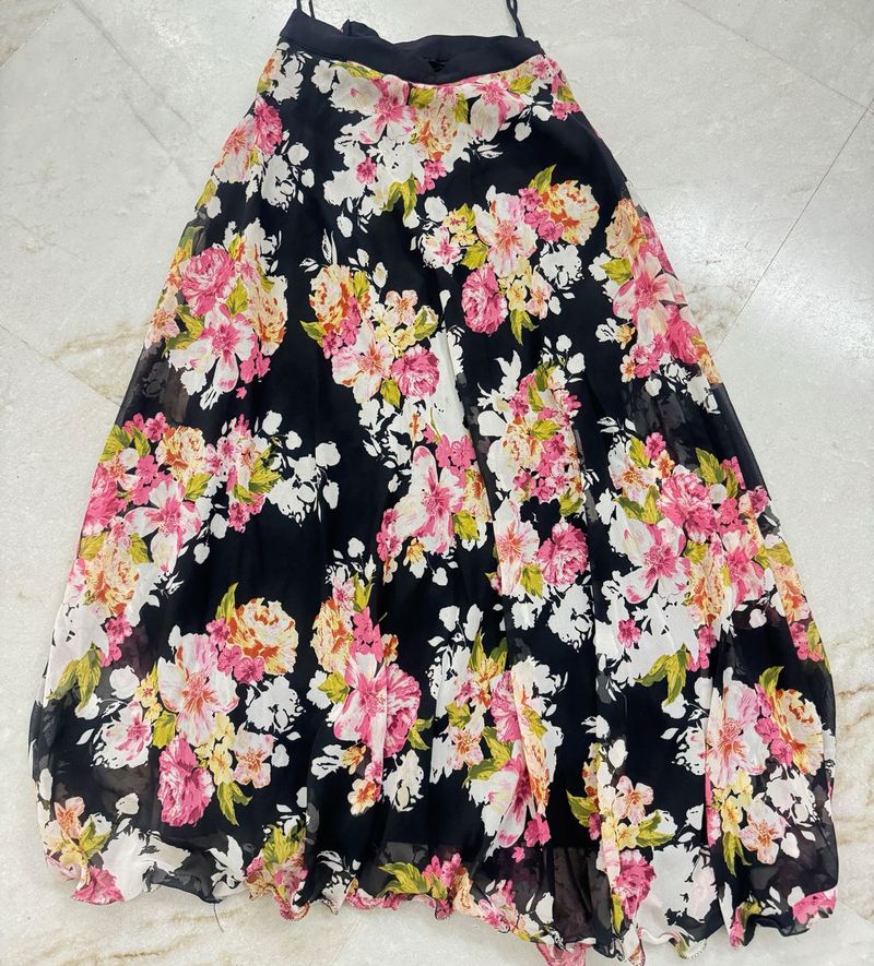 Black Floral Print Lehenga Skirt