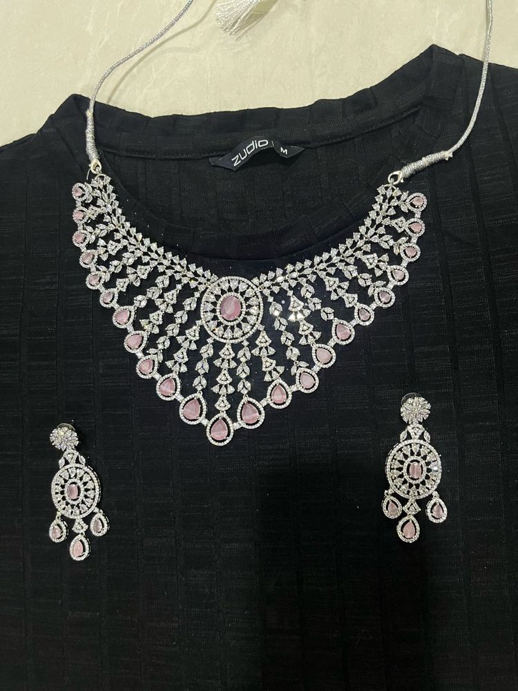 Elegant CZ &amp; Pink Stone Necklace Set