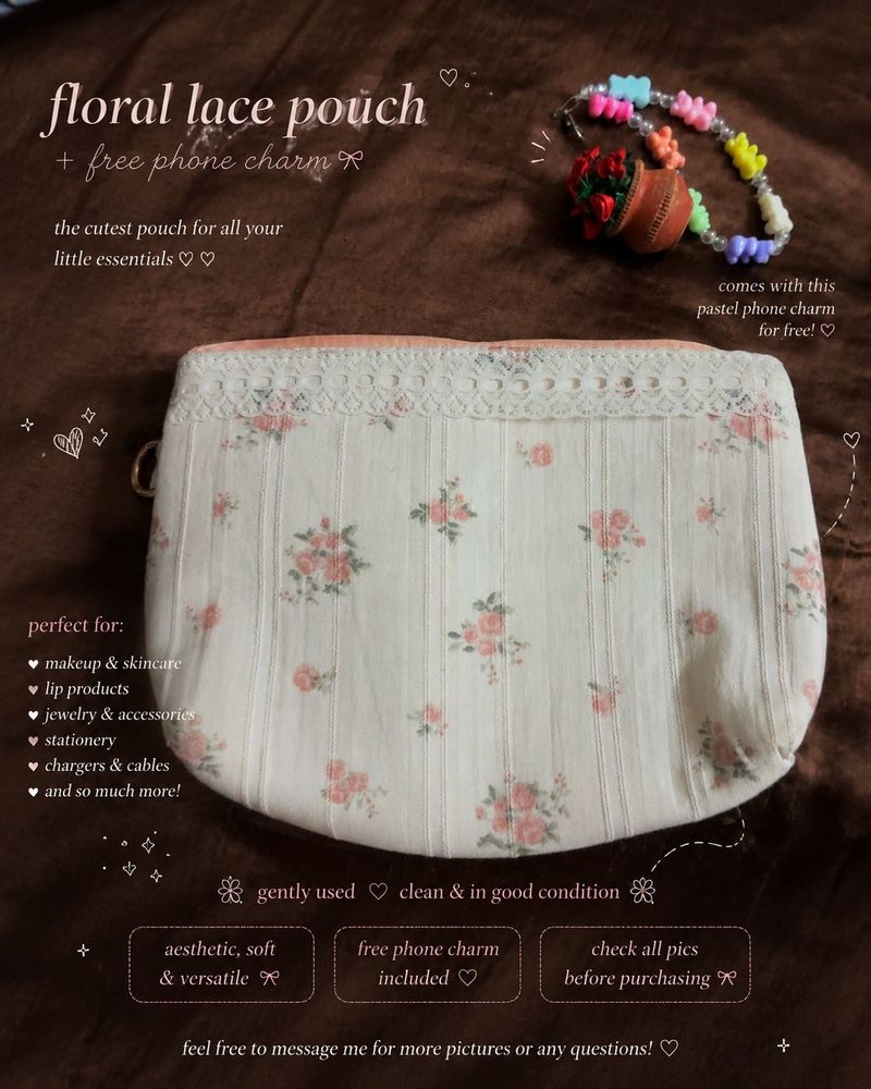[SALE] coquette floral pouch + free phone charm 💞