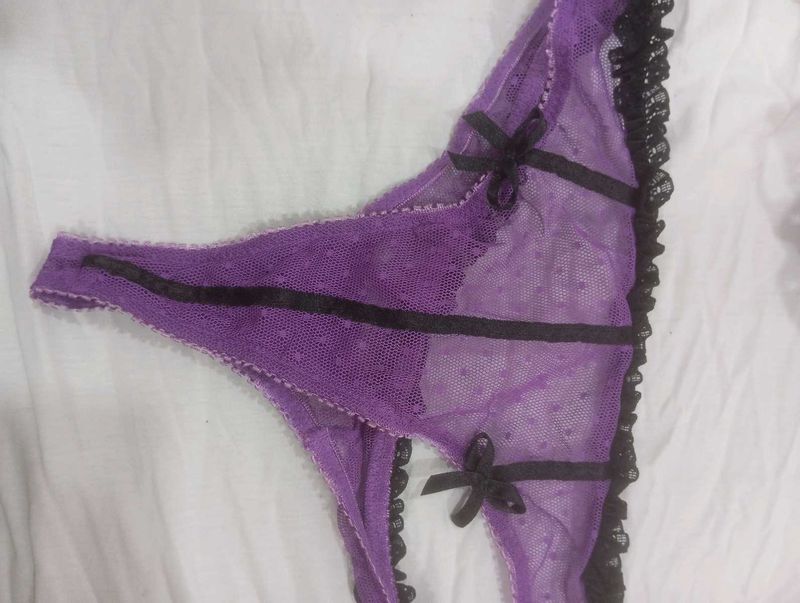 Sheer Purple Thong with Lace Trim