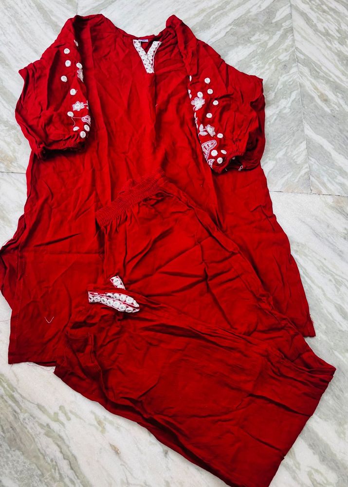 Red cord Set with White Embroidery