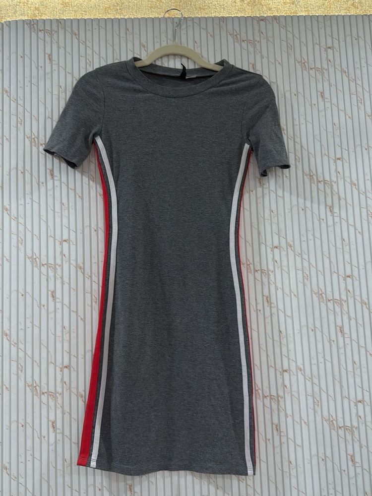 Grey T-shirt Dress with Side Stripes