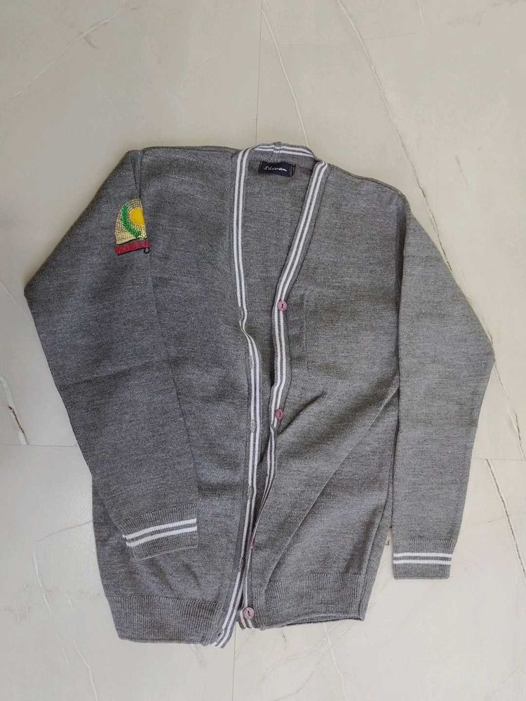 Gray Cardigan with Striped Trim school sweater