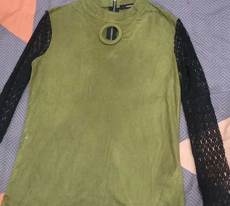 Stylish Olive Green Top with Black Lace Sleeves