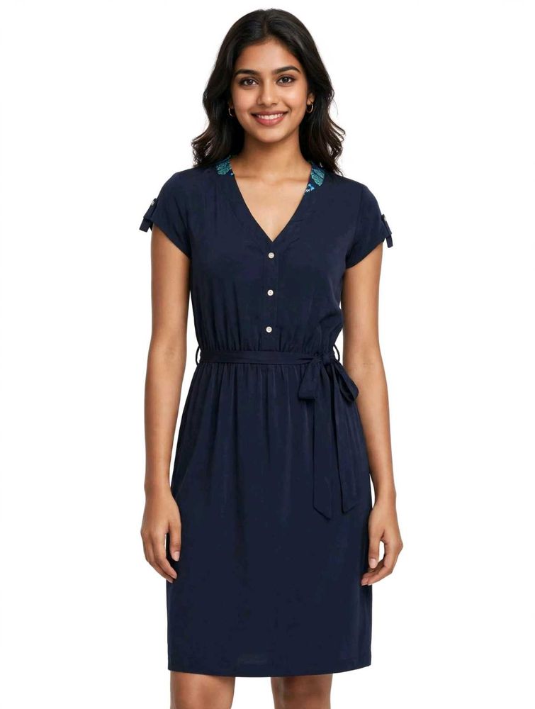 Navy Blue V-Neck Tie-Waist Dress