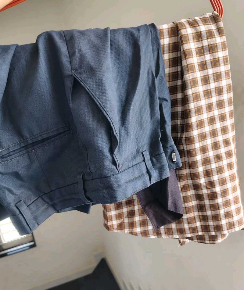 Men's Blue Trousers with Plaid Shirt