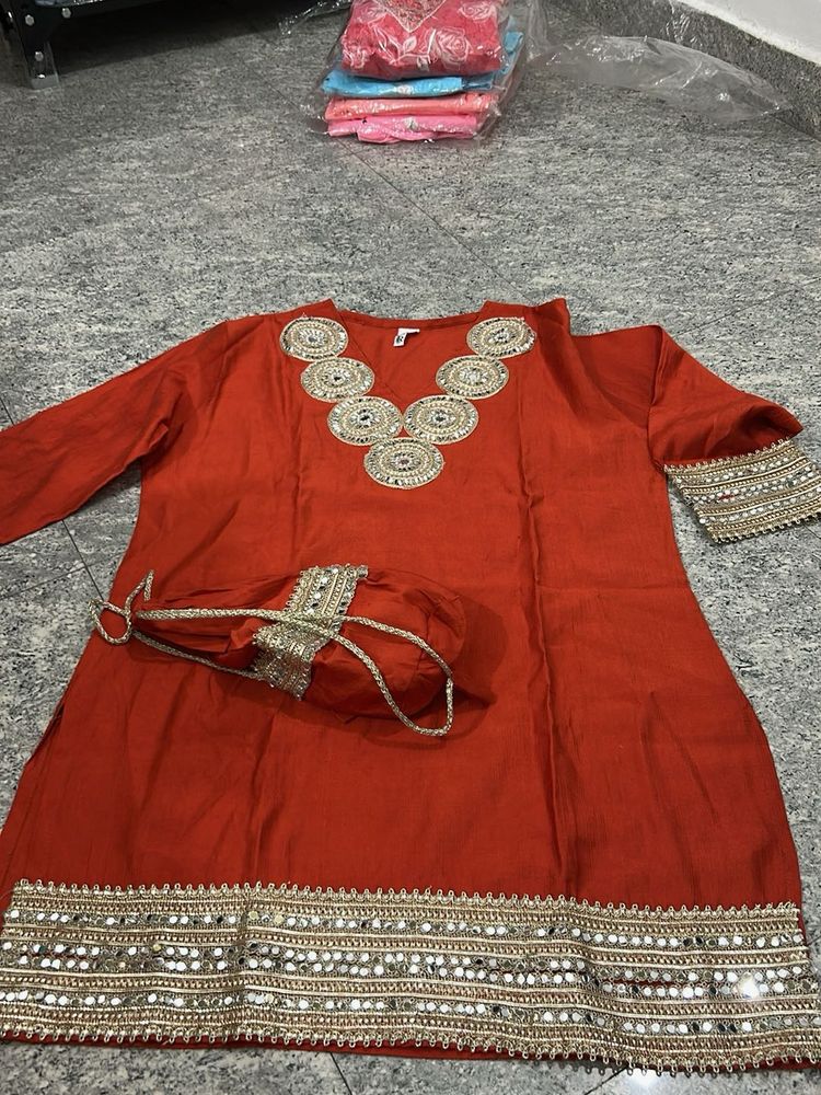 Red Embellished Kurta Set with Matching Potli Bag
