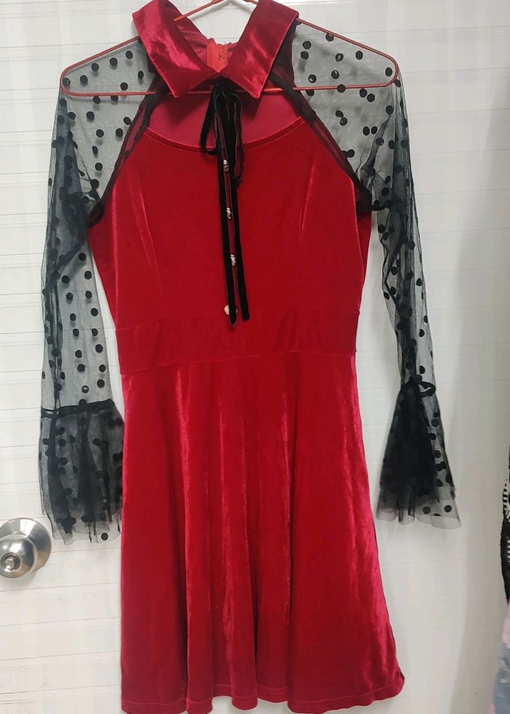 Red Velvet Polka Dot Mesh Dress Never Used...