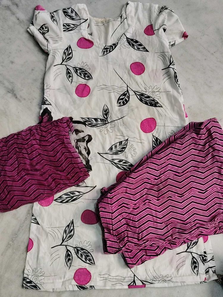 Cotton Kurta Set with Pink Dots