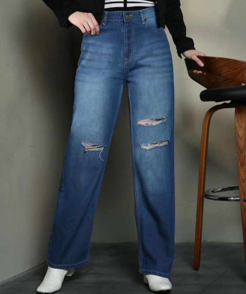 Ripped Wide Leg Blue Jeans