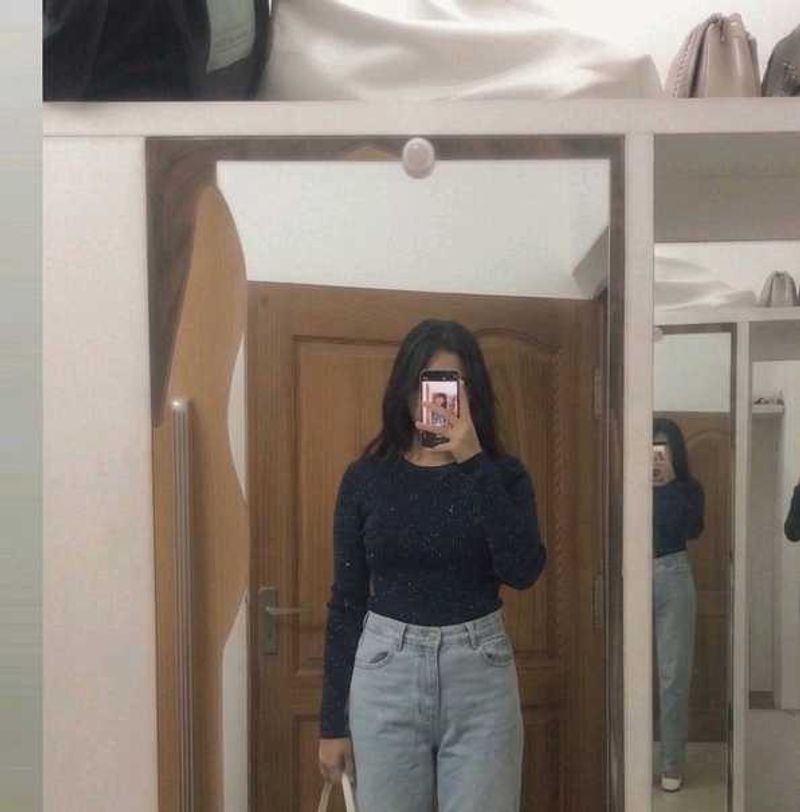 any 199 Sparkly Navy Blue Long Sleeve Top
