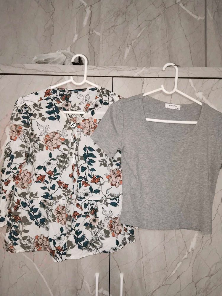 Floral Blouse and Grey Crop Top