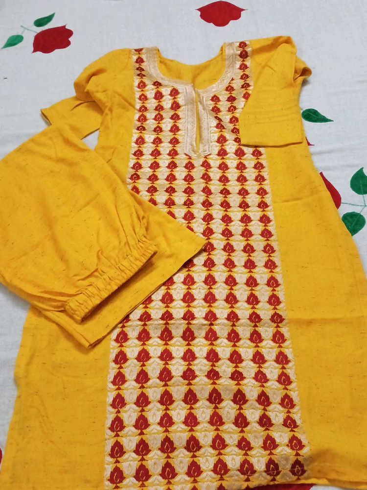 Yellow Embroidered Kurta with Pants Set