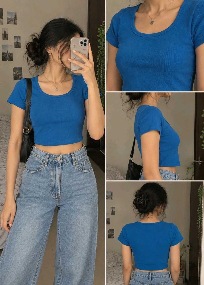 Blue Cropped Ribbed T-Shirt