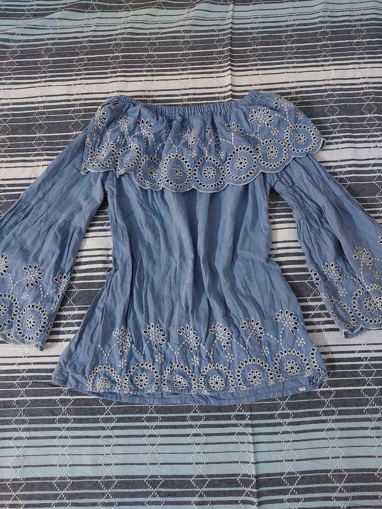 Blue Off-Shoulder Embroidered Top