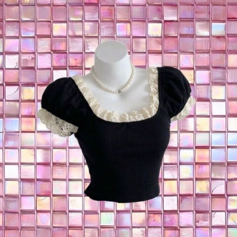 Black Lace Trim Blouse Top