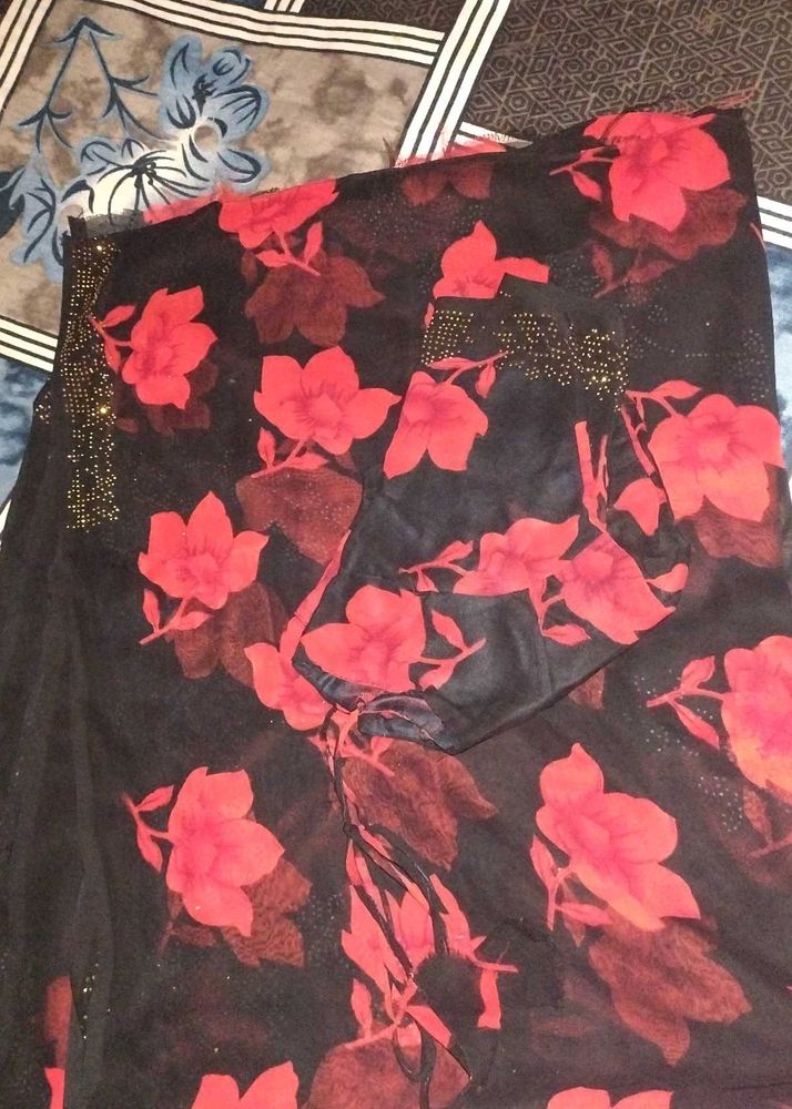 Black Floral Saree with Blouse Piece