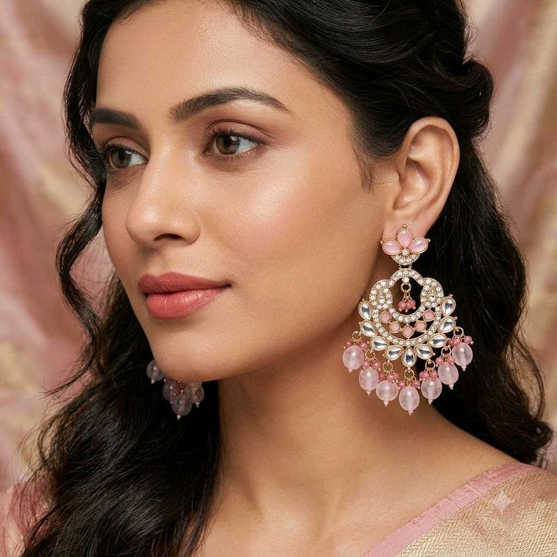 Elegant Pink Stone Chandbali Earrings