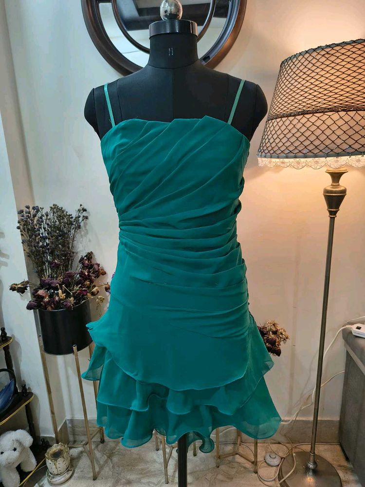 Stunning Teal Ruched Ruffle Dress