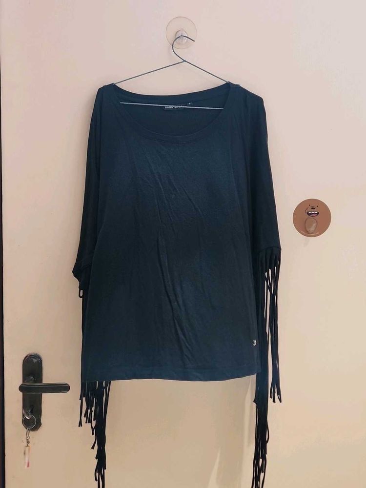 Black Fringed Long Sleeve Top