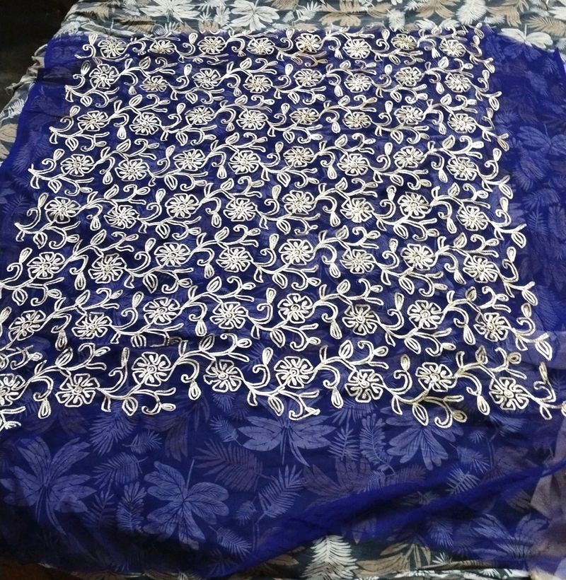 Navy Blue Golden Embroidered One Mtre Cloth💙