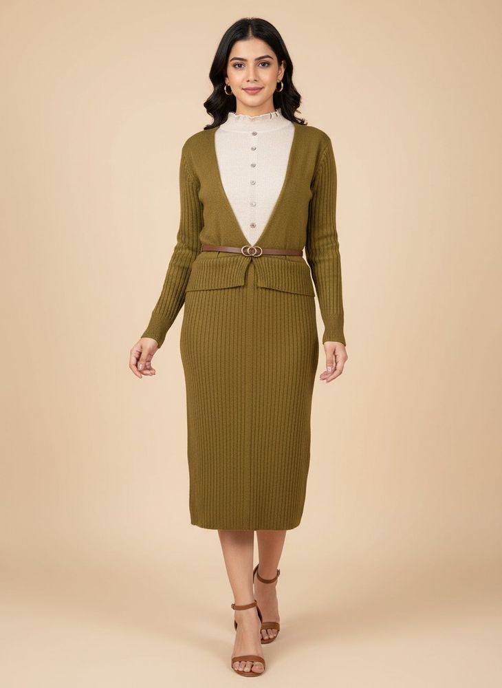 Elegant Knit Dress with Belt Detail New wit