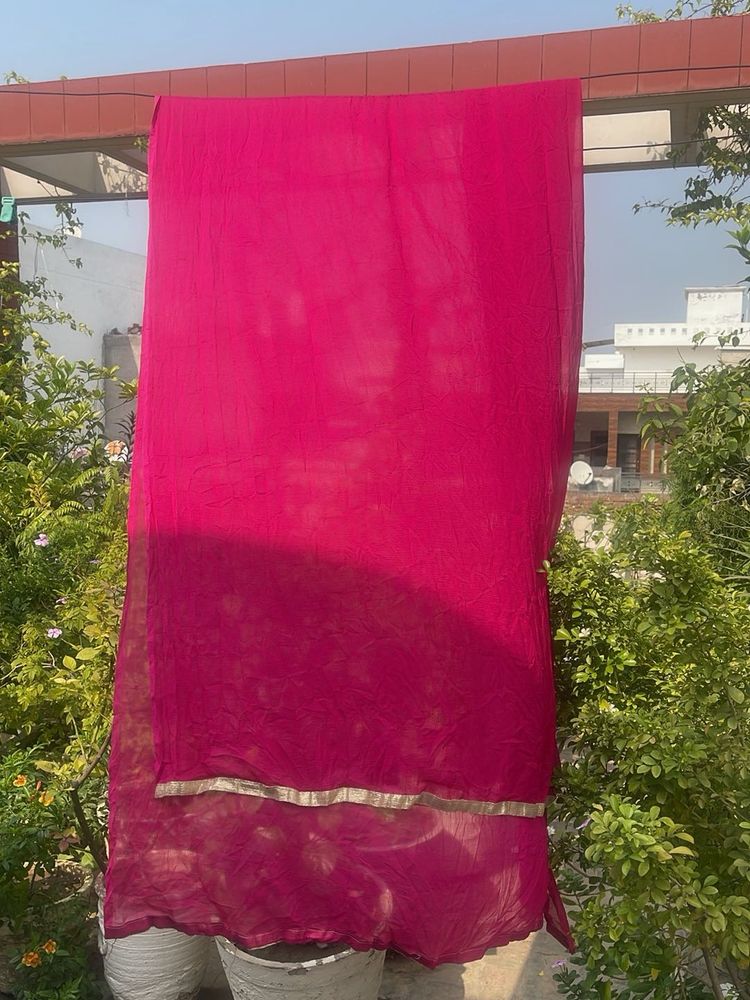 Vibrant Pink Dupatta with Gold Border