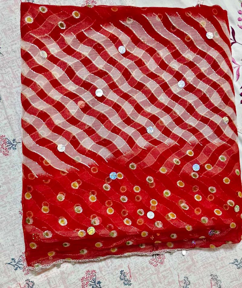 New Unused Vibrant Red Sequined Saree