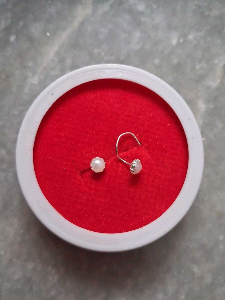 pure silver Elegant Pearl Stud &amp; Hook Earring Set