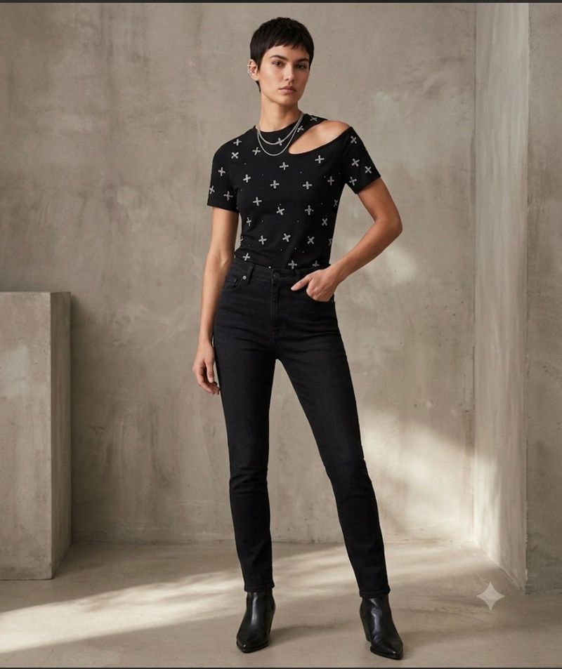 Black Embellished Cross T-Shirt