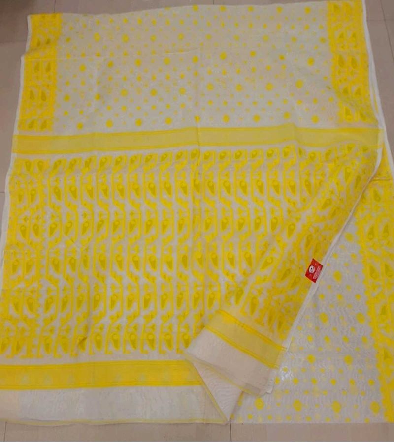 Brand New Yellow &amp; White Jamdani Saree With BP