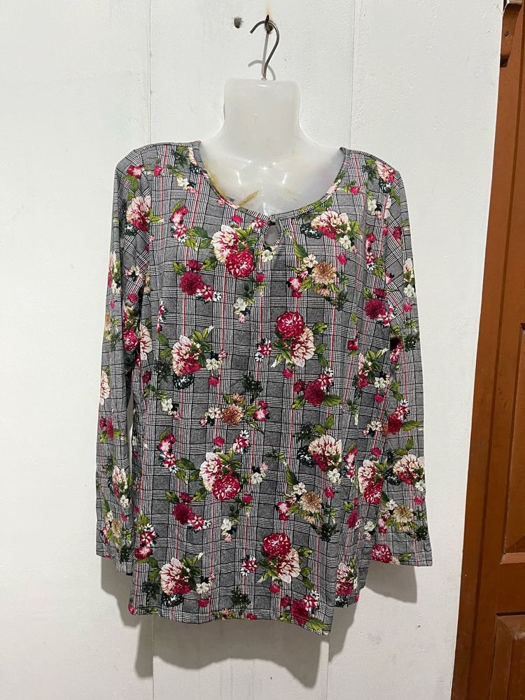 Grey Floral Print Long Sleeve Top