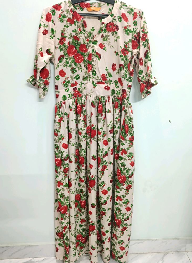 Cream Colored Red Floral Dress