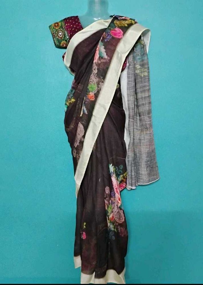 Brown lenin cotton saree