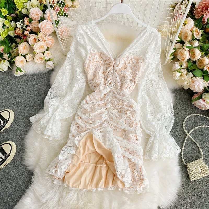 Elegant White Lace Ruched Dress
