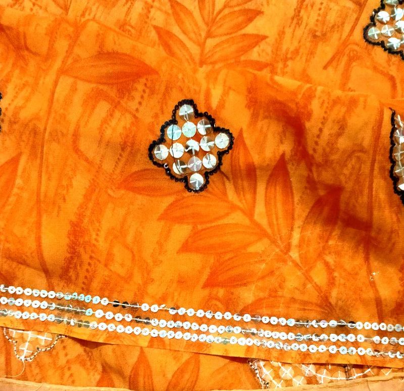 Vibrant Orange Sequined Saree