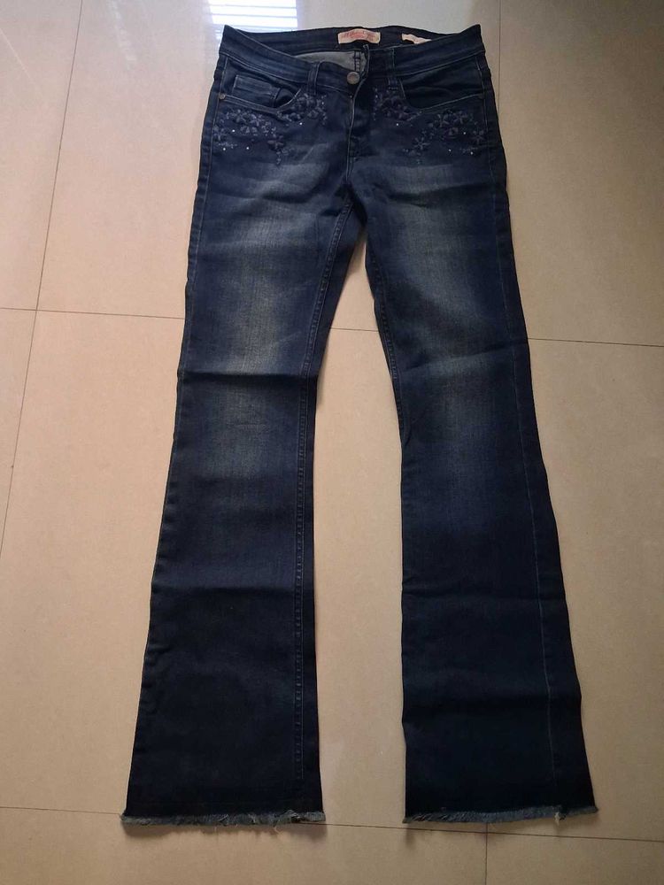 Women's Blue Flared Jeans with Embellishments