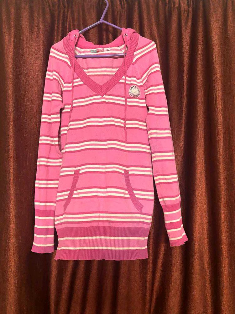 Pink Striped Hoodie Sweater
