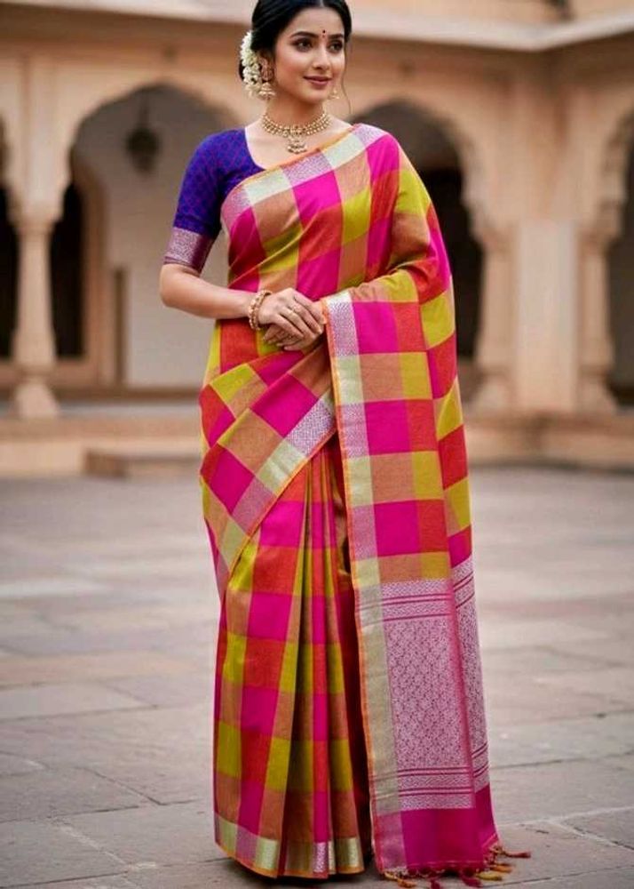 New Checked Saree With Stitched Blouse