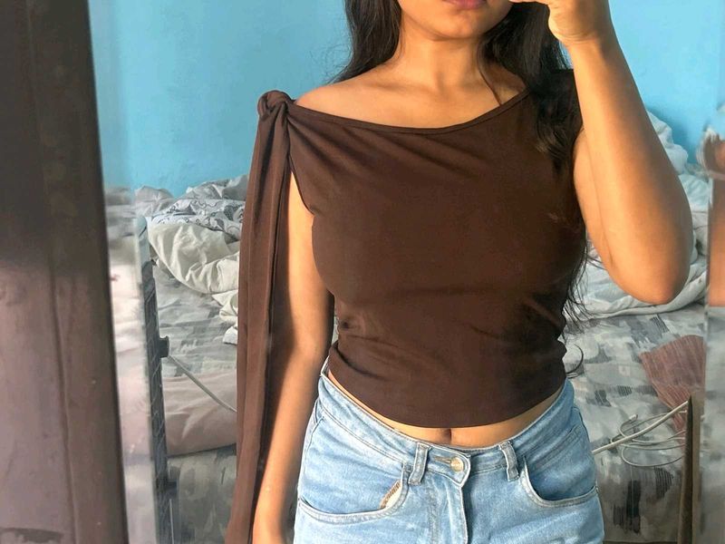 Brown Off-Shoulder Drape Top
