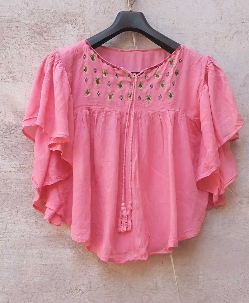 Pink Embroidered Tassel Tie Neck Kurti