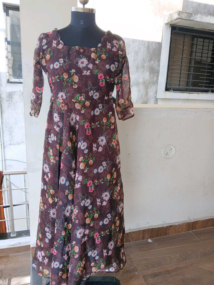 Floral Print Brown Dress