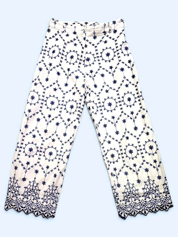 Embroidered White Palazzos with Mul lining
