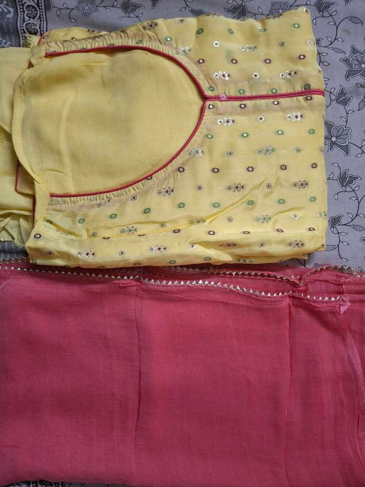 Unstitched Yellow Kurta Set with Pink Dupatta