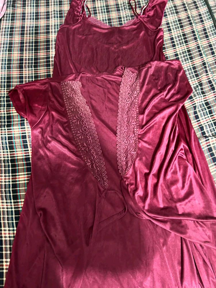 Maroon Satin Nightgown &amp; Robe Set