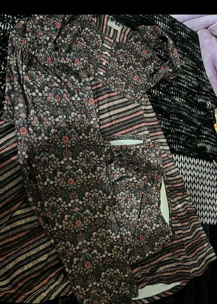 Boho Floral Print woollen Kurta Set